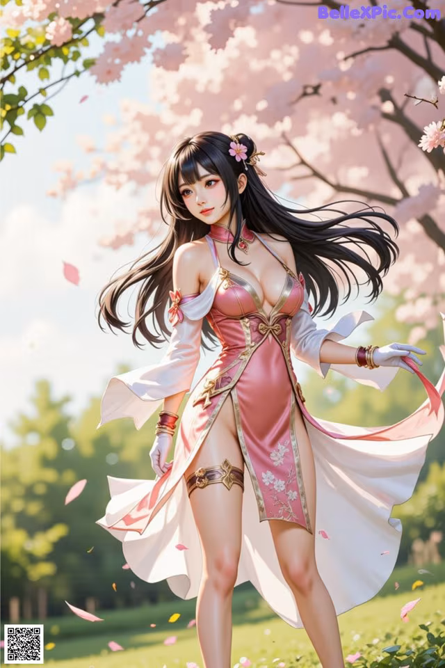 A woman in a pink dress standing in front of a tree.