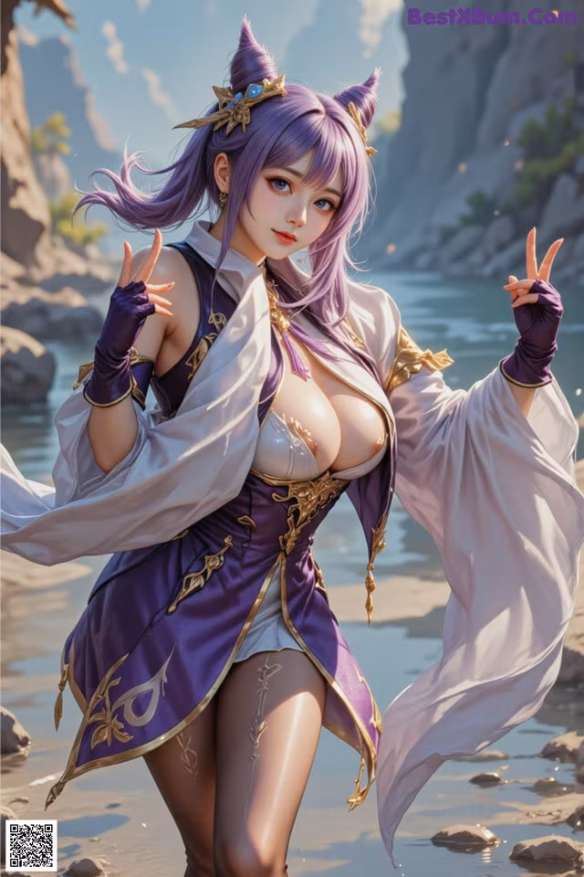 A woman in a purple and white outfit standing on a beach.