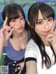 Two young women posing for a picture on a tennis court.