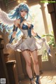 A woman in a white dress with blue hair and angel wings.