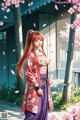 A woman in traditional Japanese attire stands amidst cherry blossoms near a wooden structure.